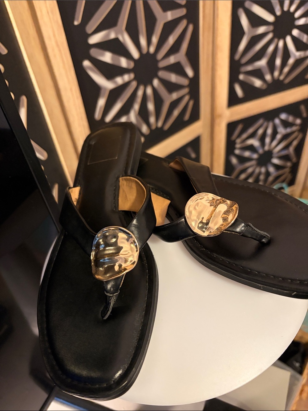Black Leather Thong Sandals with Gold Accent